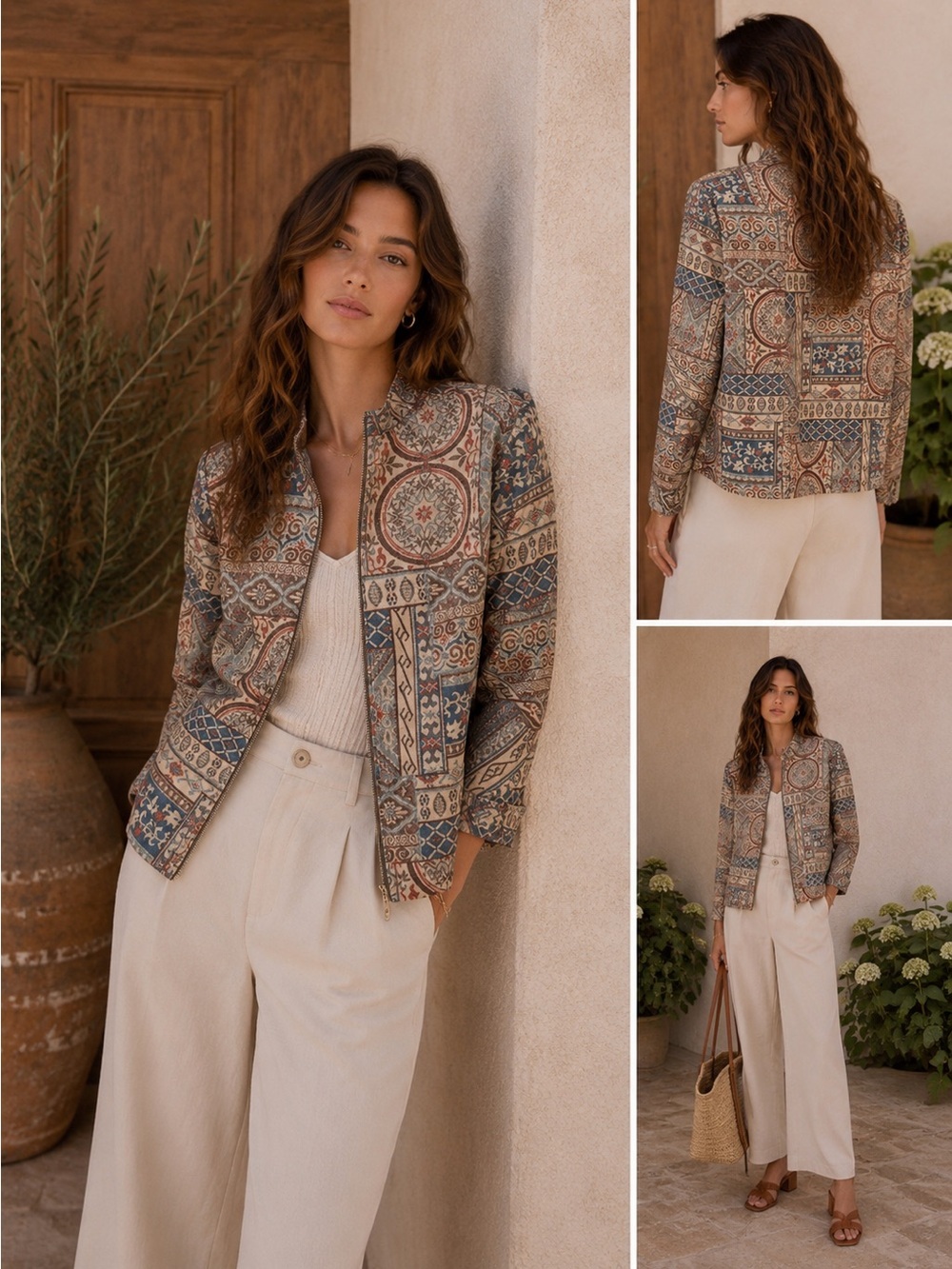 Alfred Dunner Multicolor Mosaic Bomber Jacket - Tan, Blue, Brown